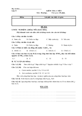 Kiểm tra 1 tiết môn Hoá học 8 thời gian 45 phút